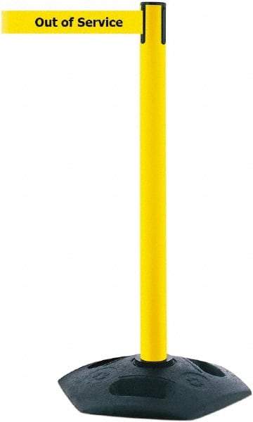 Tensator - 38" High, 2-1/2" Pole Diam, Barricade Tape Dispenser - 14" Base Diam, Round Rubber Base, Yellow Polymer Post, 7-1/2' x 1-7/8" Tape, Single Line Tape, For Outdoor Use - All Tool & Supply