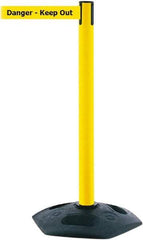 Tensator - 38" High, 2-1/2" Pole Diam, Barricade Tape Dispenser - 14" Base Diam, Round Rubber Base, Yellow Polymer Post, 7-1/2' x 1-7/8" Tape, Single Line Tape, For Outdoor Use - All Tool & Supply