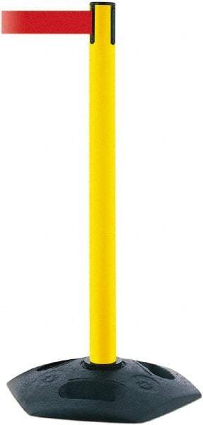 Tensator - 38" High, 2-1/2" Pole Diam, Barricade Tape Dispenser - 14" Base Diam, Round Rubber Base, Yellow Polymer Post, 7-1/2' x 1-7/8" Tape, Single Line Tape, For Outdoor Use - All Tool & Supply