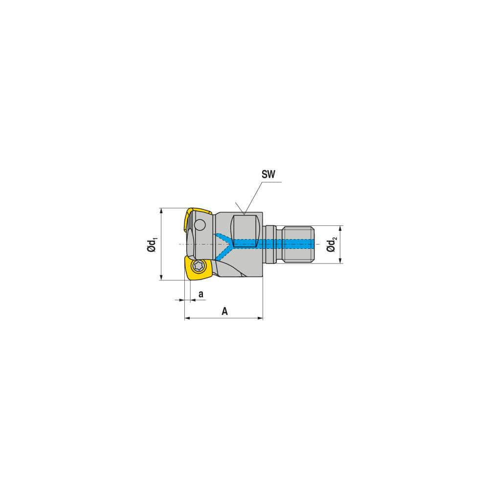 Indexable High-Feed End Mill: 16 mm Cut Dia, 8 mm Modular Shank Uses 2 XPLX Inserts, 0.8 mm Max Depth, 101.6 mm OAL, Through Coolant