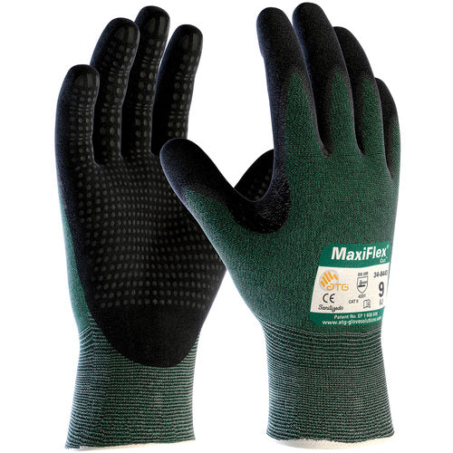 ‎34-8443/S Gloves for Cut Protection - MaxiFlex Cut - Green Eng Yarn - Black Nitrile Dotted MicroFoam Grip - A2 - Exact Industrial Supply