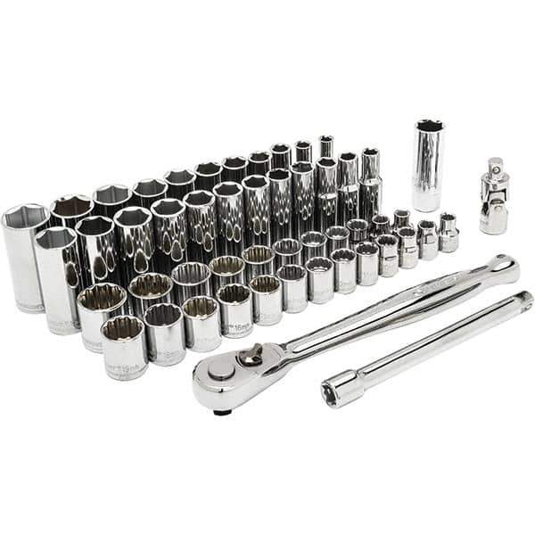 Crescent - 52 Piece 3/8" Drive Chrome Finish Deep Well Socket Set - 6, 12 Points, 1/4" to 7/8" (7mm to 19mm) Range, Inch/Metric Measurement Standard - All Tool & Supply