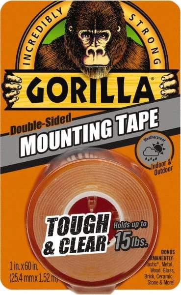 Gorilla Tape - 1" x 60" Acrylic Adhesive Double Sided Tape - 43 mil Thick, Clear, Polyethylene Film Liner, Continuous Roll - All Tool & Supply