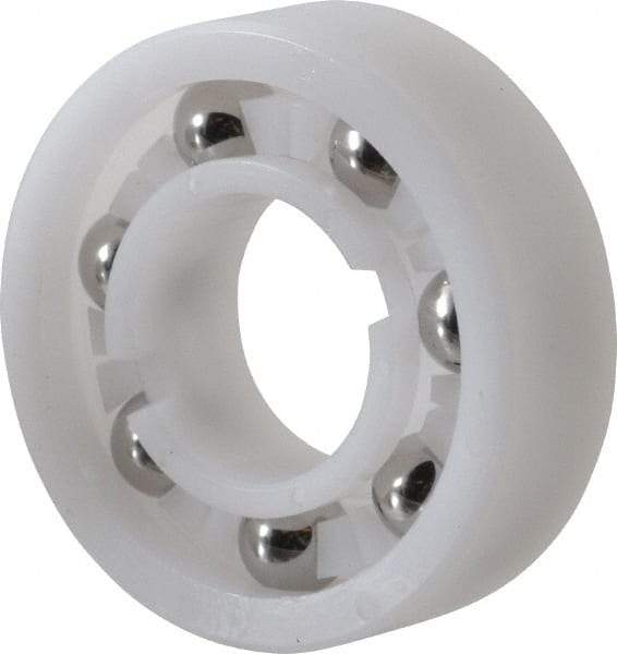 Made in USA - 5/8" Bore Diam, 1-3/8" OD, Open Plastic Race Radial Ball Bearing - 7/16" Wide, 1 Row, Round Bore, 46 Lb Static Capacity, 69 Lb Dynamic Capacity - All Tool & Supply