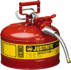 Justrite - 2 Gal Galvanized Steel Type II Safety Can - 13-1/4" High x 9-1/2" Diam, Red with Yellow - All Tool & Supply