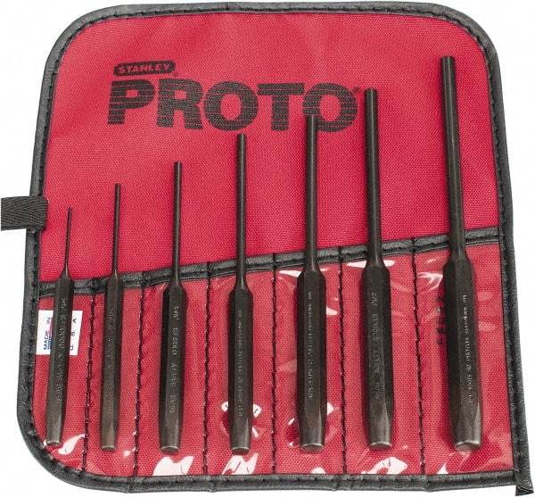 Proto - 7 Piece, 1/16 to 1/4", Pin Punch Set - Hex Shank, Steel, Comes in Tool Roll - All Tool & Supply