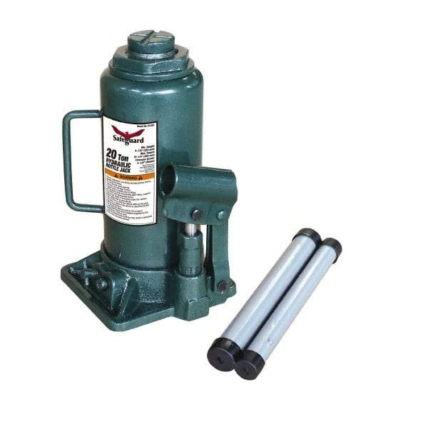 Safeguard - 20 Ton Capacity Hydraulic Bottle Jack - 9-1/2" to 17-3/4" High, 5.91" Piston Stroke, 1-7/8" Screw Length, 1.42" Screw Diam, 2.09" Plunger Diam, 5-15/16" Long x 6-1/4" Wide Base - All Tool & Supply