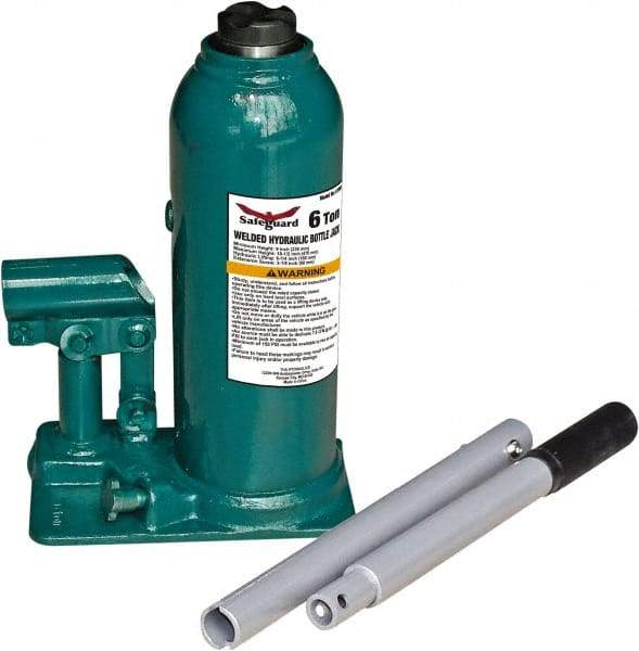 Safeguard - 6 Ton Capacity Hydraulic Bottle Jack - 9" to 18.6" High, 6.3" Piston Stroke, 3-1/8" Screw Length, 0.94" Screw Diam, 1.38" Plunger Diam, 3-1/2" Long x 5-15/16" Wide Base - All Tool & Supply