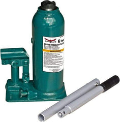 Safeguard - 6 Ton Capacity Hydraulic Bottle Jack - 9" to 18.6" High, 6.3" Piston Stroke, 3-1/8" Screw Length, 0.94" Screw Diam, 1.38" Plunger Diam, 3-1/2" Long x 5-15/16" Wide Base - All Tool & Supply