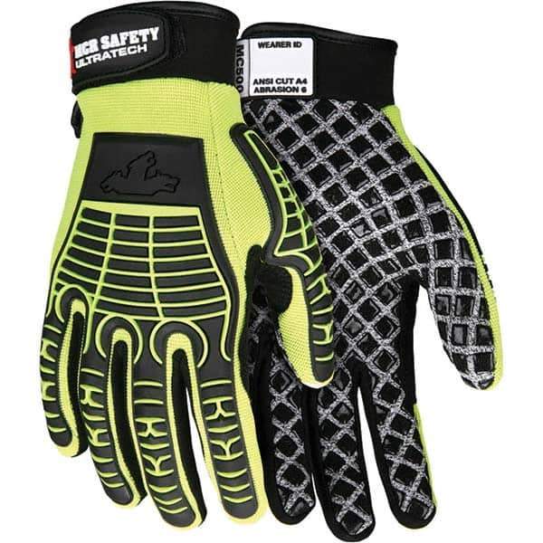 MCR Safety - Size L, ANSI Cut Lvl A4, Abrasion Lvl 6, Silicone Coated Cut Resistant Gloves - Palm Coated, Unlined, Hook & Loop Cuff, Hi-Vis Lime/Black, Paired - All Tool & Supply