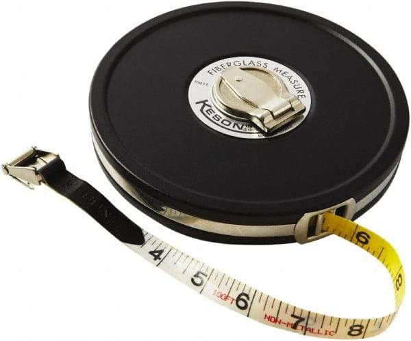 Keson - 100' x 1/2" Tape Measure - 1/8, 1/10 & 1/100" Graduation - All Tool & Supply