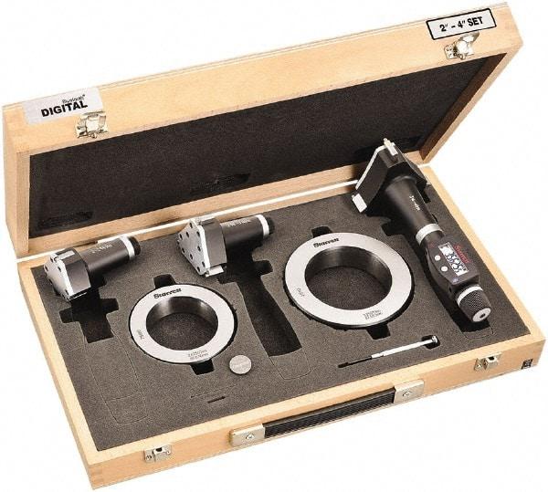 Starrett - 50 to 100mm, 100mm Gage Depth, 0.001mm Resolution, Friction Thimble, IP65 Electronic Inside Hole Micrometer Set - Accurate to 0.005mm, 1 Head, 3 Anvils, 2 Setting Rings, Data Output, Instant Inch/Millimeter Conversion - All Tool & Supply