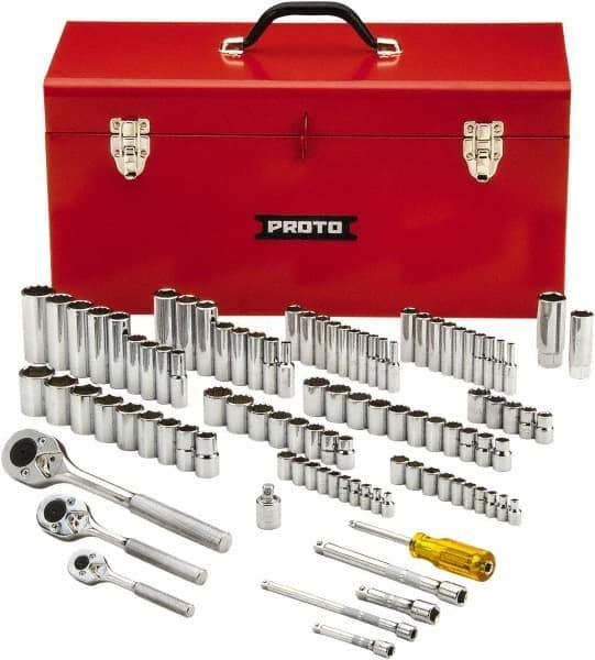 Proto - 101 Piece 1/4", 3/8" & 1/2" Drive Chrome Finish Deep Well Socket Set - 6, 8, 12 Points, 1/4" to 1" (4mm to 19mm) Range, Inch/Metric Measurement Standard - All Tool & Supply