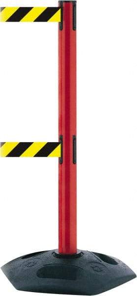 Tensator - 38" High, 2-1/2" Pole Diam, 4 Way Stanchion - 19" Base Diam, Octagon Recycled Rubber Base, Red Plastic Post, 7-1/2' x 2" Tape, Dual Line Tape, For Outdoor Use - All Tool & Supply