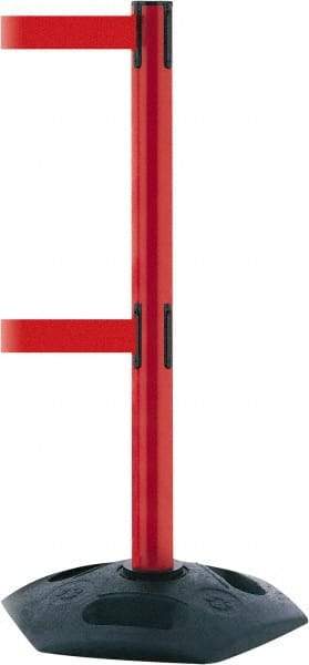 Tensator - 38" High, 2-1/2" Pole Diam, 4 Way Stanchion - 19" Base Diam, Octagon Recycled Rubber Base, Red Plastic Post, 7-1/2' x 2" Tape, Dual Line Tape, For Outdoor Use - All Tool & Supply