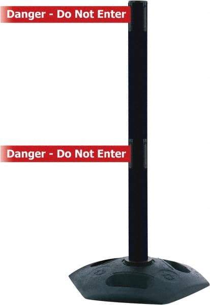 Tensator - 38" High, 2-1/2" Pole Diam, 4 Way Stanchion - 19" Base Diam, Octagon Recycled Rubber Base, Black Plastic Post, 7-1/2' x 2" Tape, Dual Line Tape, For Outdoor Use - All Tool & Supply