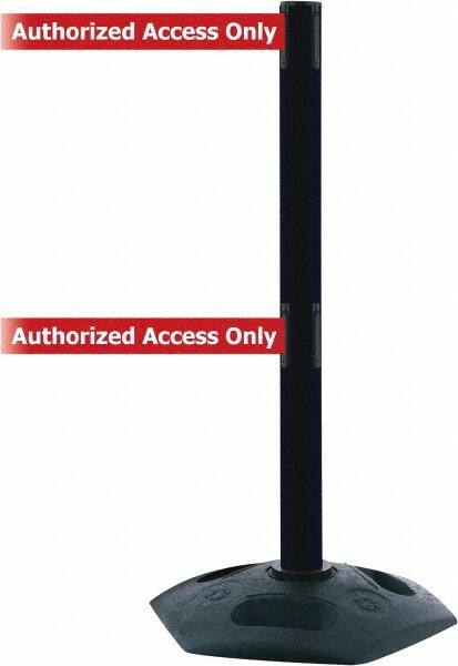 Tensator - 38" High, 2-1/2" Pole Diam, 4 Way Stanchion - 19" Base Diam, Octagon Recycled Rubber Base, Black Plastic Post, 7-1/2' x 2" Tape, Dual Line Tape, For Outdoor Use - All Tool & Supply