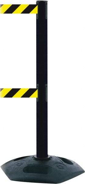 Tensator - 38" High, 2-1/2" Pole Diam, 4 Way Stanchion - 19" Base Diam, Octagon Recycled Rubber Base, Black Plastic Post, 7-1/2' x 2" Tape, Dual Line Tape, For Outdoor Use - All Tool & Supply