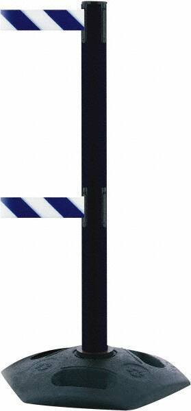 Tensator - 38" High, 2-1/2" Pole Diam, 4 Way Stanchion - 19" Base Diam, Octagon Recycled Rubber Base, Black Plastic Post, 7-1/2' x 2" Tape, Dual Line Tape, For Outdoor Use - All Tool & Supply