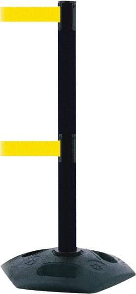 Tensator - 38" High, 2-1/2" Pole Diam, 4 Way Stanchion - 19" Base Diam, Octagon Recycled Rubber Base, Black Plastic Post, 7-1/2' x 2" Tape, Dual Line Tape, For Outdoor Use - All Tool & Supply