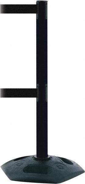 Tensator - 38" High, 2-1/2" Pole Diam, 4 Way Stanchion - 19" Base Diam, Octagon Recycled Rubber Base, Black Plastic Post, 7-1/2' x 2" Tape, Dual Line Tape, For Outdoor Use - All Tool & Supply