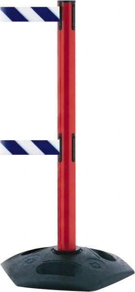 Tensator - 38" High, 2-1/2" Pole Diam, 4 Way Stanchion - 19" Base Diam, Octagon Recycled Rubber Base, Red Plastic Post, 13' x 2" Tape, Dual Line Tape, For Outdoor Use - All Tool & Supply