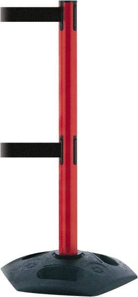 Tensator - 38" High, 2-1/2" Pole Diam, 4 Way Stanchion - 19" Base Diam, Octagon Recycled Rubber Base, Red Plastic Post, 13' x 2" Tape, Dual Line Tape, For Outdoor Use - All Tool & Supply