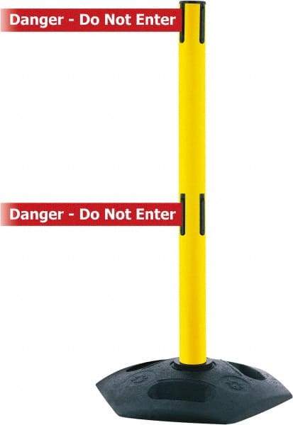 Tensator - 38" High, 2-1/2" Pole Diam, 4 Way Stanchion - 19" Base Diam, Octagon Recycled Rubber Base, Yellow Plastic Post, 7-1/2' x 2" Tape, Dual Line Tape, For Outdoor Use - All Tool & Supply