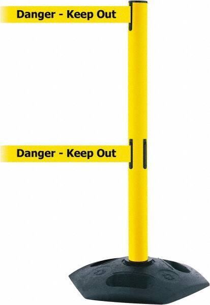 Tensator - 38" High, 2-1/2" Pole Diam, 4 Way Stanchion - 19" Base Diam, Octagon Recycled Rubber Base, Yellow Plastic Post, 7-1/2' x 2" Tape, Dual Line Tape, For Outdoor Use - All Tool & Supply