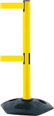 Tensator - 38" High, 2-1/2" Pole Diam, 4 Way Stanchion - 19" Base Diam, Octagon Recycled Rubber Base, Yellow Plastic Post, 7-1/2' x 2" Tape, Dual Line Tape, For Outdoor Use - All Tool & Supply