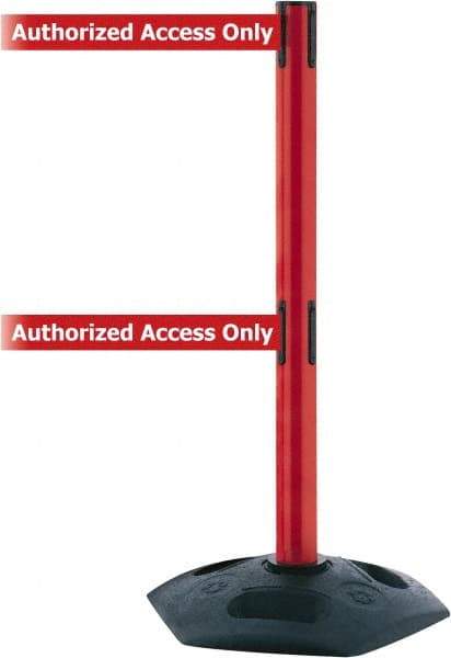 Tensator - 38" High, 2-1/2" Pole Diam, 4 Way Stanchion - 19" Base Diam, Octagon Recycled Rubber Base, Red Plastic Post, 7-1/2' x 2" Tape, Dual Line Tape, For Outdoor Use - All Tool & Supply