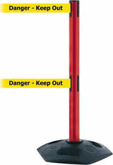 Tensator - 38" High, 2-1/2" Pole Diam, 4 Way Stanchion - 19" Base Diam, Octagon Recycled Rubber Base, Red Plastic Post, 7-1/2' x 2" Tape, Dual Line Tape, For Outdoor Use - All Tool & Supply