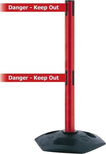 Tensator - 38" High, 2-1/2" Pole Diam, 4 Way Stanchion - 19" Base Diam, Octagon Recycled Rubber Base, Red Plastic Post, 7-1/2' x 2" Tape, Dual Line Tape, For Outdoor Use - All Tool & Supply