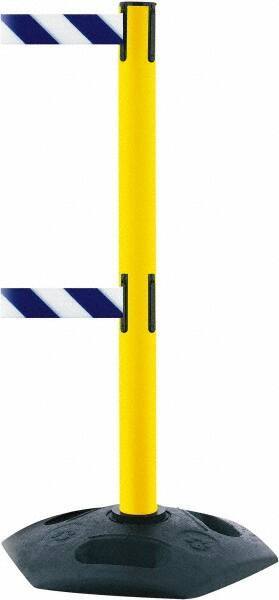 Tensator - 38" High, 2-1/2" Pole Diam, 4 Way Stanchion - 19" Base Diam, Octagon Recycled Rubber Base, Yellow Plastic Post, 7-1/2' x 2" Tape, Dual Line Tape, For Outdoor Use - All Tool & Supply