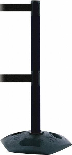 Tensator - 38" High, 2-1/2" Pole Diam, 4 Way Stanchion - 19" Base Diam, Octagon Recycled Rubber Base, Black Plastic Post, 13' x 2" Tape, Dual Line Tape, For Outdoor Use - All Tool & Supply