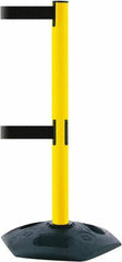 Tensator - 38" High, 2-1/2" Pole Diam, 4 Way Stanchion - 19" Base Diam, Octagon Recycled Rubber Base, Yellow Plastic Post, 13' x 2" Tape, Dual Line Tape, For Outdoor Use - All Tool & Supply