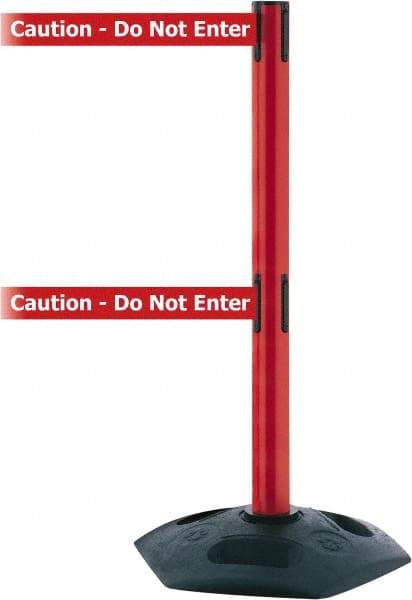 Tensator - 38" High, 2-1/2" Pole Diam, 4 Way Stanchion - 19" Base Diam, Octagon Recycled Rubber Base, Red Plastic Post, 13' x 2" Tape, Dual Line Tape, For Outdoor Use - All Tool & Supply