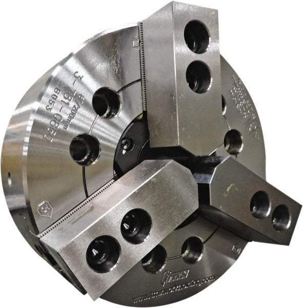 TMX - 3 Jaws, 10" Chuck Diam, Plain Back Mount, 3.0315" Through Hole, Drawtube, Hydraulic Power Lathe Chuck - 1.2205" to 10" Jaw Capacity, 4,200 RPM - All Tool & Supply