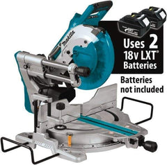 Makita - 36 Amp, 18 Volt, 4,400 RPM, 60° Double Bevel Sliding Miter Saw - 5/8" Arbor, 10" Blade Diam, Includes Vertical Vise, Dust Bag, Triangular Rule, Hex Wrench & 10" x 5/8" 40T Micro-Polished Miter Saw Blade - All Tool & Supply