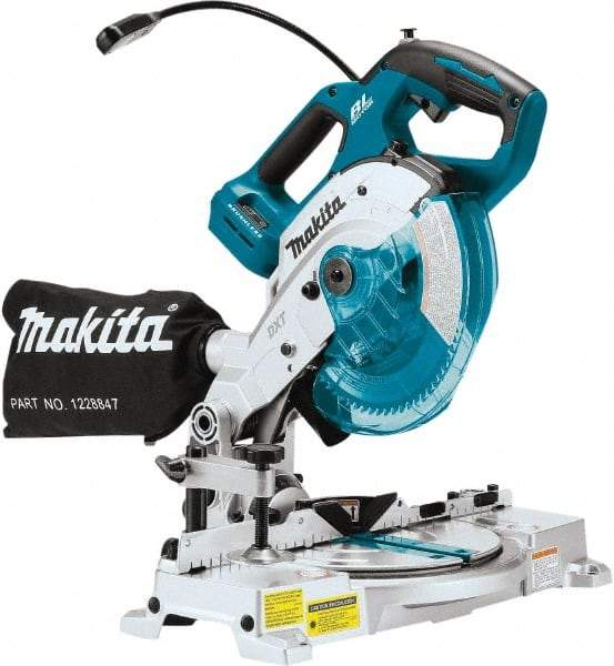 Makita - 36 Amp, 18 Volt, 5,000 RPM, 52° Double Bevel Miter Saw - 5/8" Arbor, 6-1/2" Blade Diam, Includes Triangular Rule, Vertical Vise, Dust Bag, (1) 6-1/2" x 5/8" 64T Micro-Polished Miter Saw Blade & Hex Wrench - All Tool & Supply