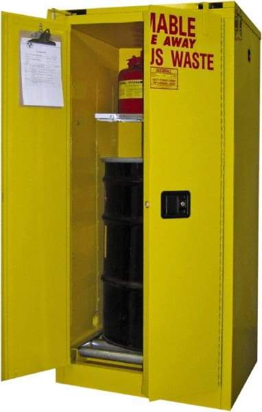 Securall Cabinets - 31" Wide x 31" Deep x 67" High, 18 Gauge Steel Vertical Drum Cabinet with 3 Point Key Lock - Yellow, Self-Closing Door, 1 Shelf, 1 Drum, Drum Rollers Included - All Tool & Supply