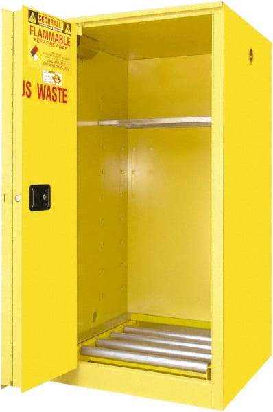 Securall Cabinets - 34" Wide x 34" Deep x 65" High, 18 Gauge Steel Vertical Drum Cabinet with 3 Point Key Lock - Yellow, Self-Closing Door, 1 Shelf, 1 Drum, Drum Rollers Included - All Tool & Supply