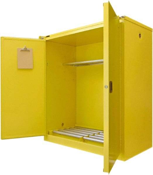 Securall Cabinets - 56" Wide x 31" Deep x 67" High, 18 Gauge Steel Vertical Drum Cabinet with 3 Point Key Lock - Yellow, Self-Closing Door, 1 Shelf, 2 Drums, Drum Rollers Included - All Tool & Supply