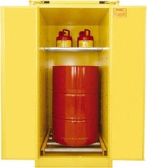 Securall Cabinets - 31" Wide x 31" Deep x 67" High, 18 Gauge Steel Vertical Drum Cabinet with 3 Point Key Lock - Yellow, Self-Closing Door, 1 Shelf, 1 Drum, Drum Rollers Included - All Tool & Supply