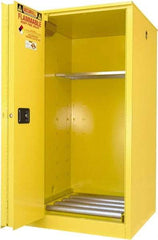 Securall Cabinets - 34" Wide x 34" Deep x 65" High, 18 Gauge Steel Vertical Drum Cabinet with 3 Point Key Lock - Yellow, Sliding Door Door, 1 Shelf, 1 Drum, Drum Rollers Included - All Tool & Supply