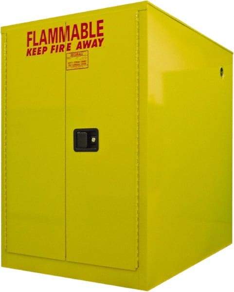 Securall Cabinets - 34" Wide x 50" Deep x 52" High, 18 Gauge Steel Horizontal Drum Cabinet with 3 Point Key Lock - Yellow, Self-Closing Door, 1 Drum - All Tool & Supply