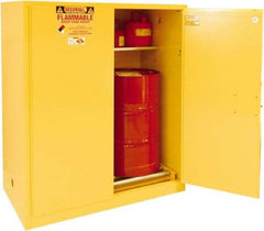 Securall Cabinets - 56" Wide x 31" Deep x 65" High, 18 Gauge Steel Vertical Drum Cabinet with 3 Point Key Lock - Yellow, Manual Closing Door, 3 Shelves, 1 Drum, Drum Rollers Included - All Tool & Supply