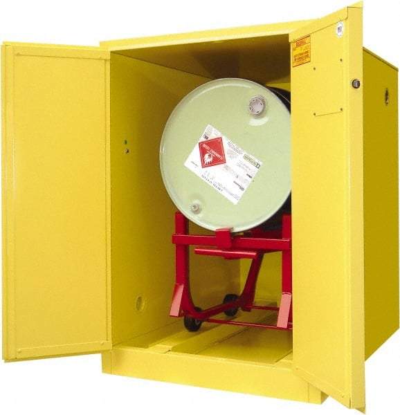 Securall Cabinets - 34" Wide x 50" Deep x 50" High, 18 Gauge Steel Horizontal Drum Cabinet with 3 Point Key Lock - Yellow, Manual Closing Door, 1 Drum - All Tool & Supply