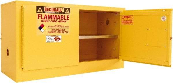 Securall Cabinets - 2 Door, 1 Shelf, Yellow Steel Stackable Safety Cabinet for Flammable and Combustible Liquids - 26" High x 43" Wide x 18" Deep, Self Closing Door, 3 Point Key Lock, 18 Gal Capacity - All Tool & Supply