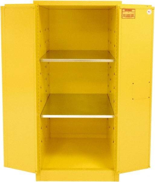 Securall Cabinets - 2 Door, 2 Shelf, Yellow Steel Standard Safety Cabinet for Flammable and Combustible Liquids - 65" High x 31" Wide x 31" Deep, Manual Closing Door, 3 Point Key Lock, 60 Gal Capacity - All Tool & Supply